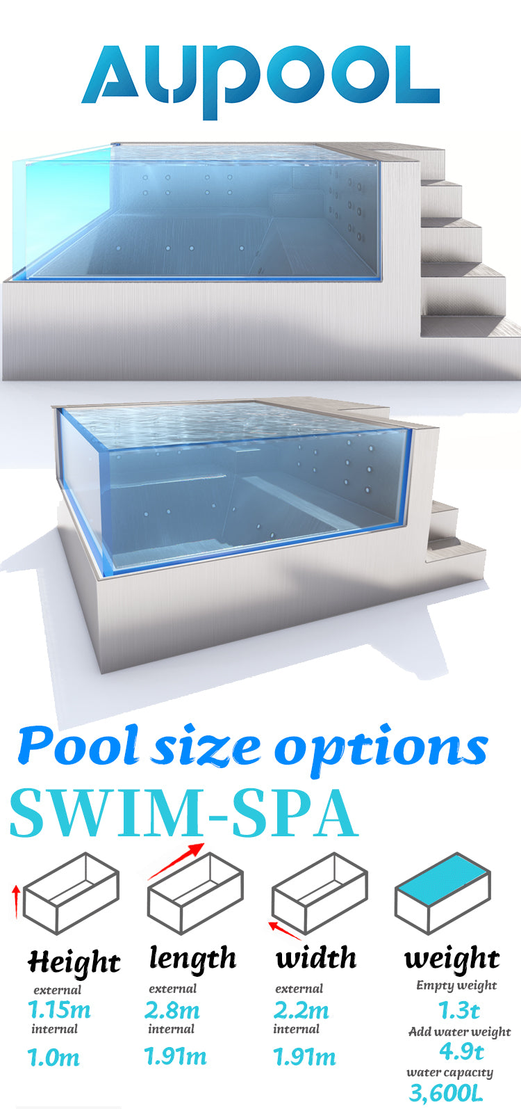 Above Ground Swim Pool Spa with L-Shaped Transparent Acrylic, Water Treatment System, and Built-In Swim Training Jets