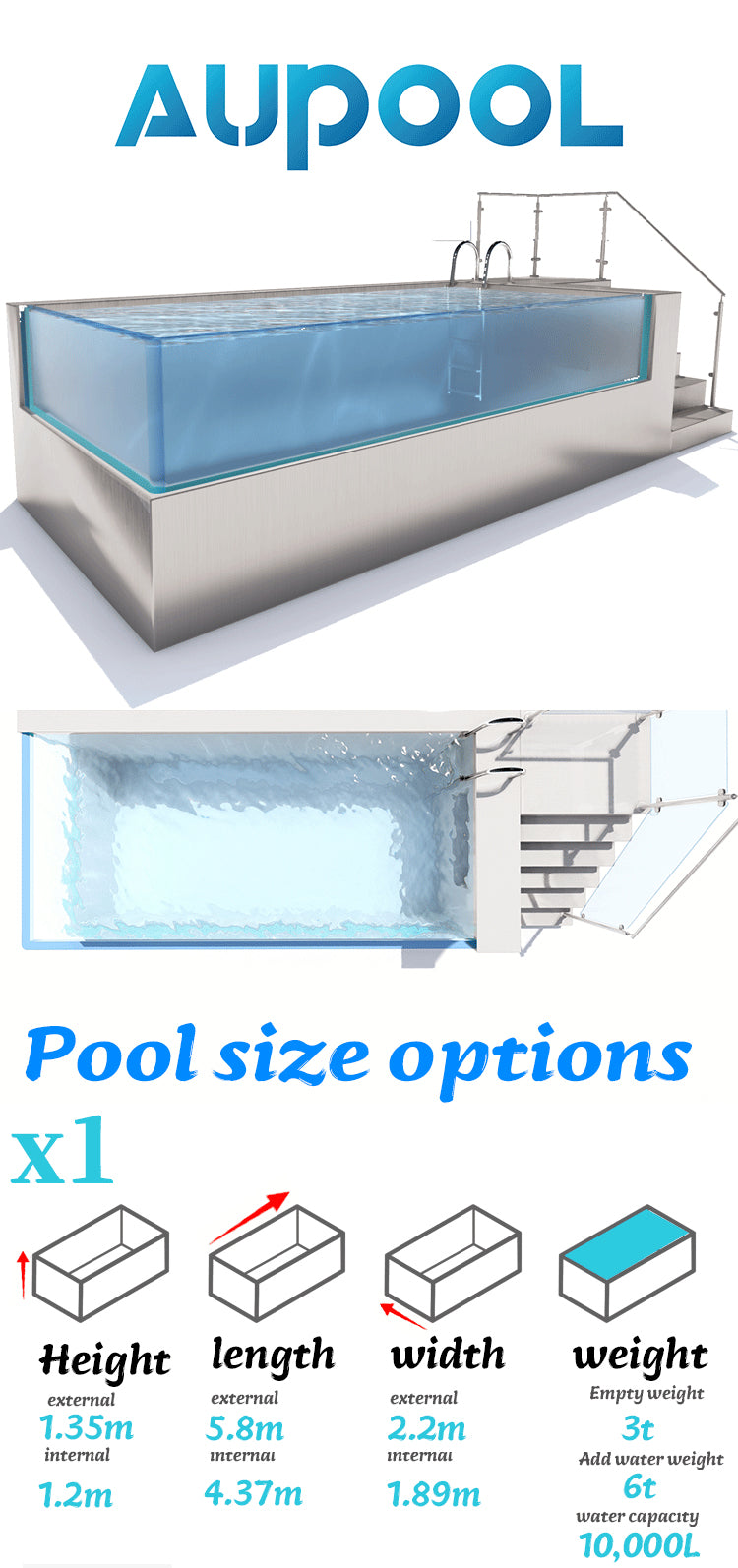 Above Ground Swim Pool Spa with L-Shaped Transparent Acrylic, Water Treatment System, and Built-In Swim Training Jets